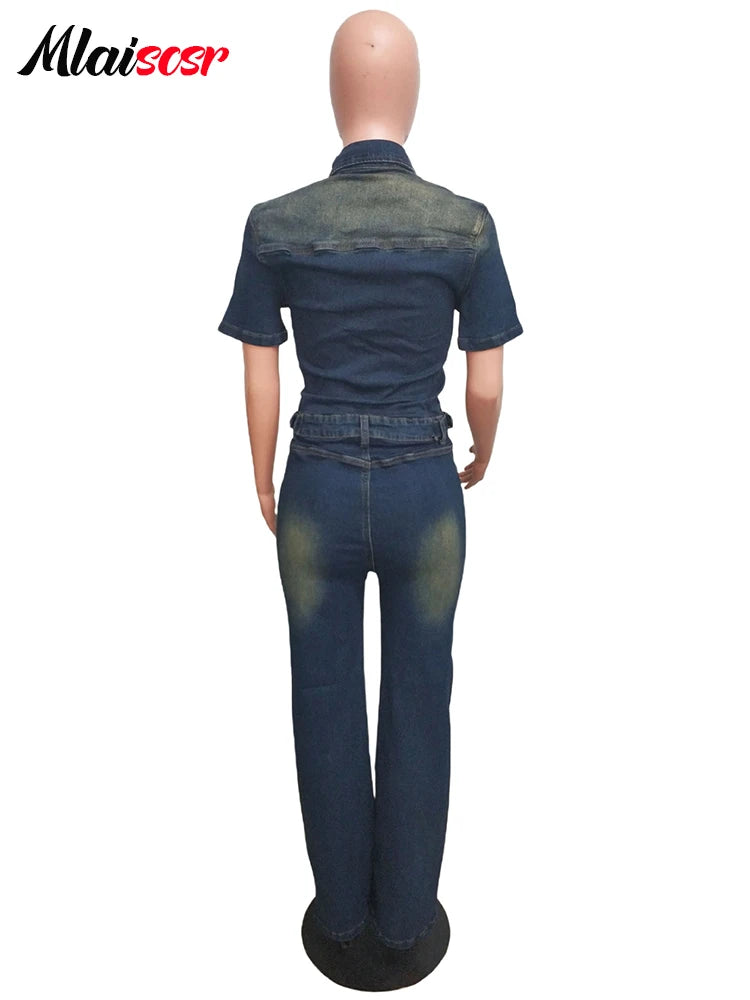 Mlaiscsr Stretch Denim One Piece Jumpsuits with Belt Women Clothes Winter Long Sleeve Lapel Washed Jean Romper Birthday Overalls
