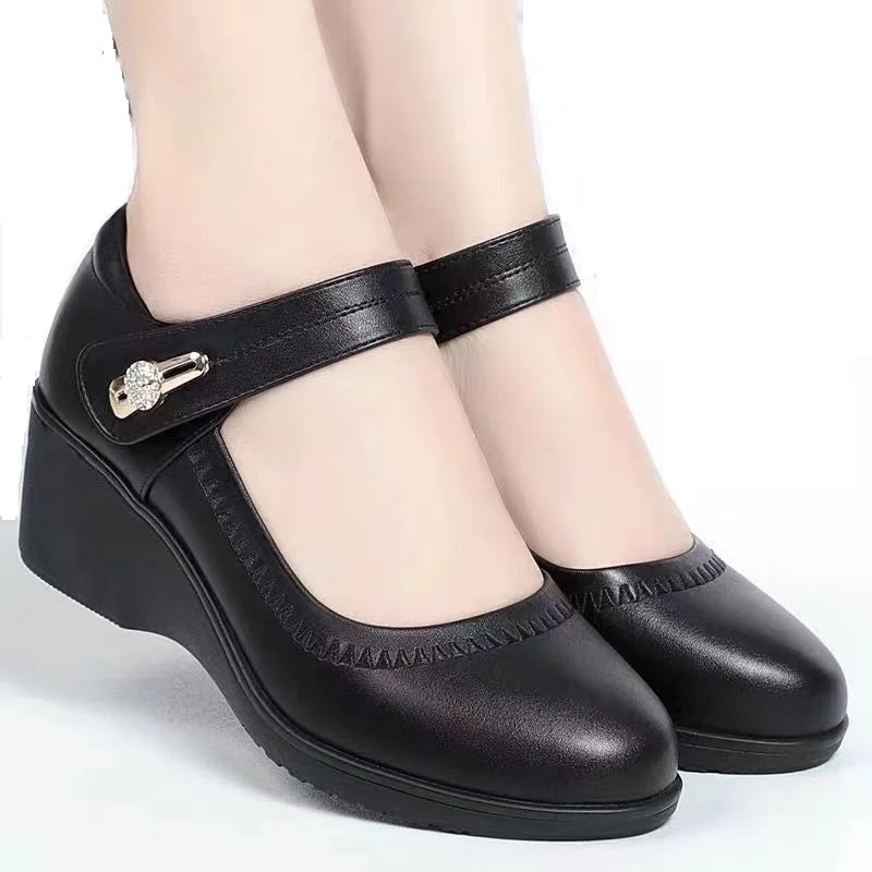 Women's Casual Round Head Chunky Heel Buckle High Heels