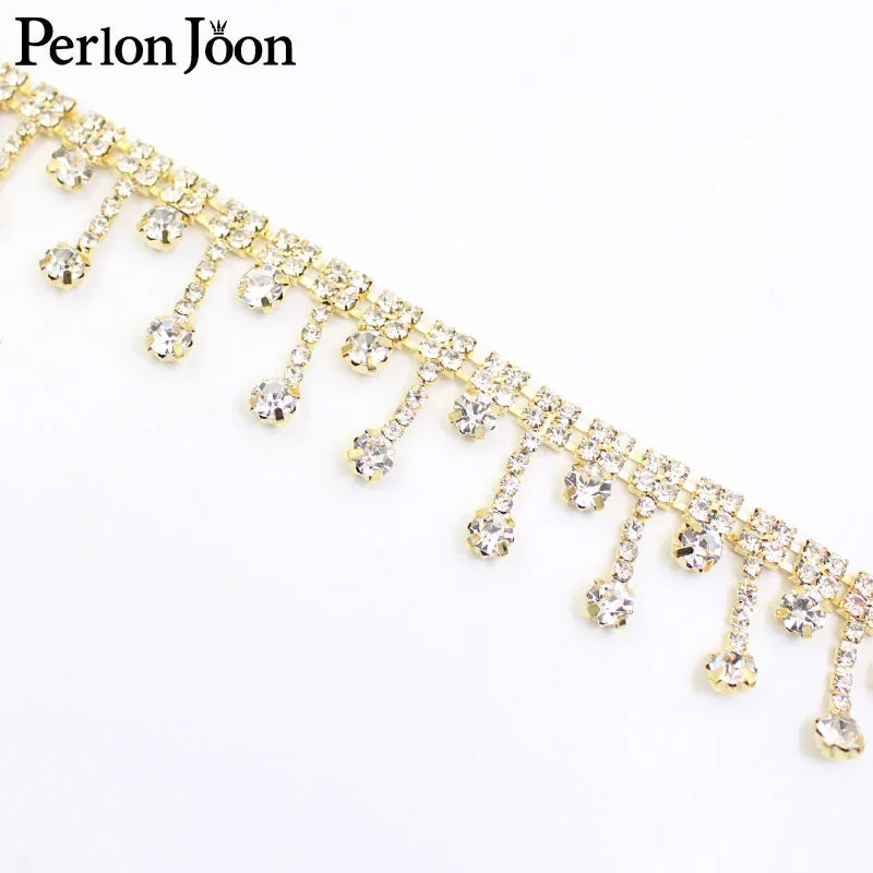 1 Yard Short tassel Pendant rhinestones trim fringe crystal metal chain  for dress,bag,shoes accessories