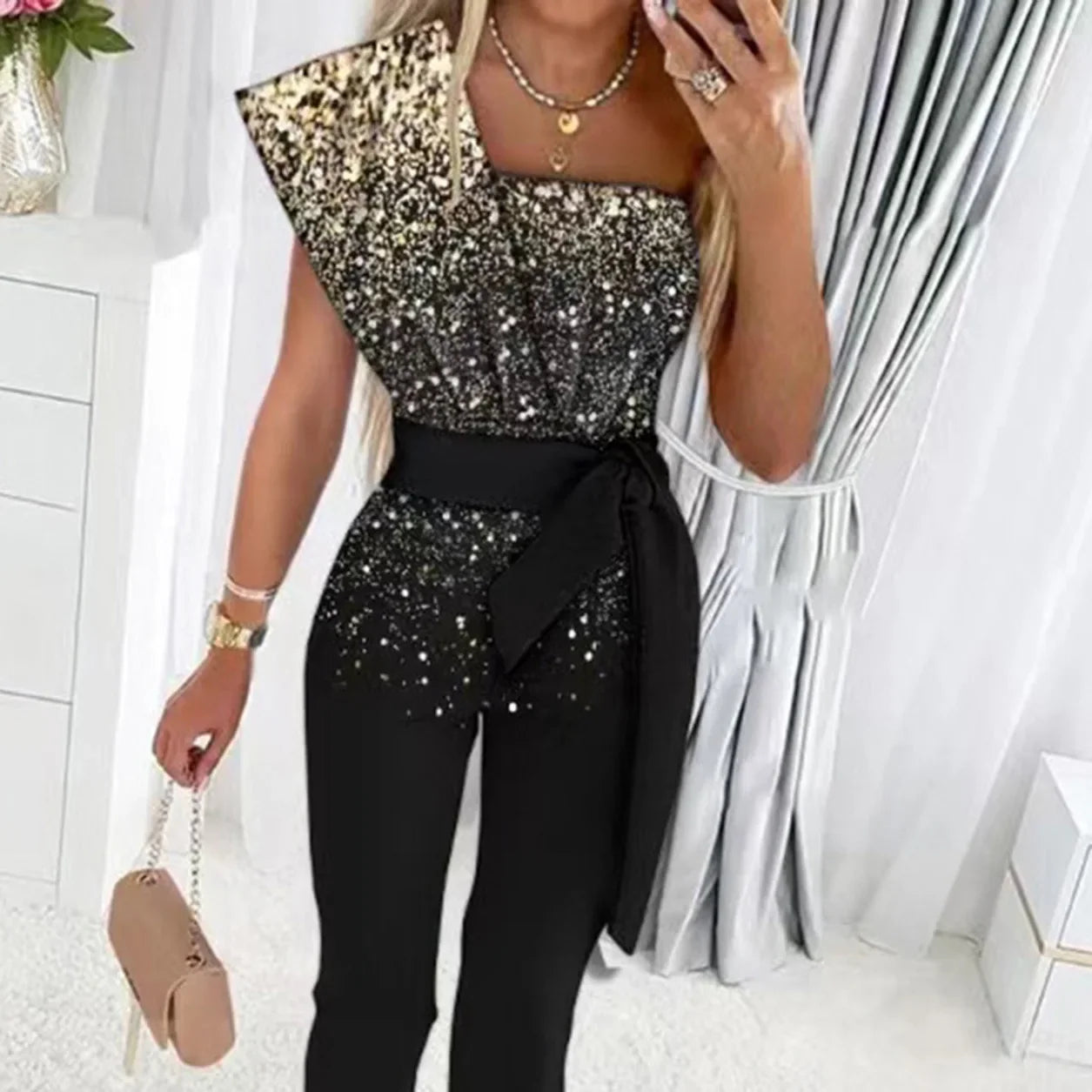 Women’s Jumpsuit Wedding Guest Elegant Sequins One Shoulder Bodycon