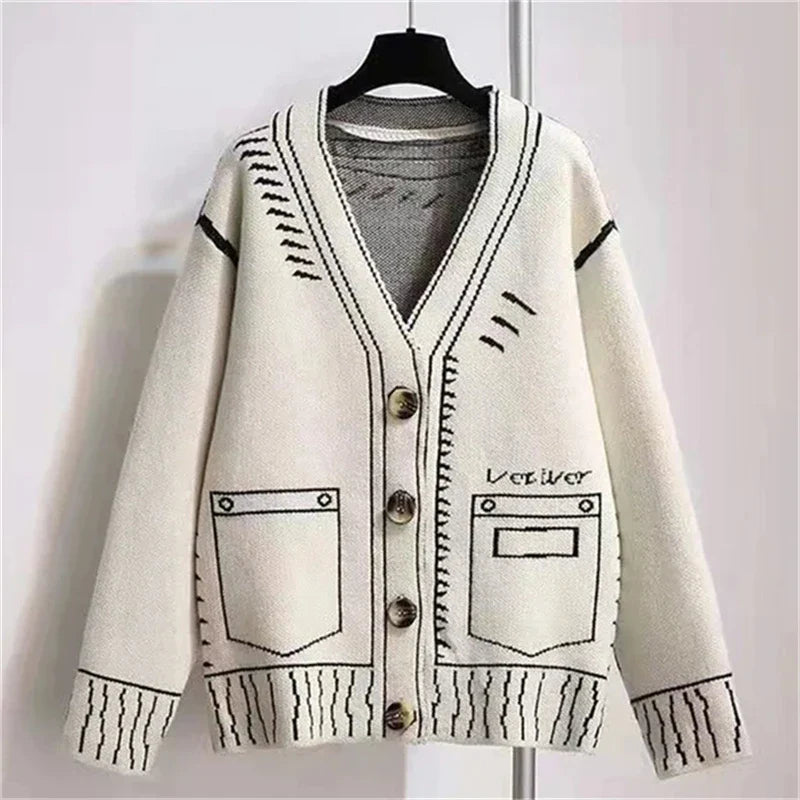 Women’s Fashionable Graffiti Print Cardigan – Long Sleeve Stylish Casual Sweater