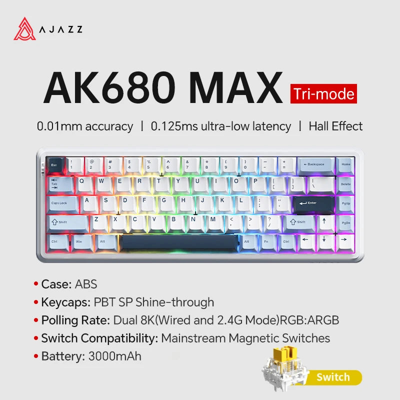 AJAZZ AK680 MAX Mechanical Keyboard HE Hall Effect Switch 60% 8k/1K RGB Wired/Wireless