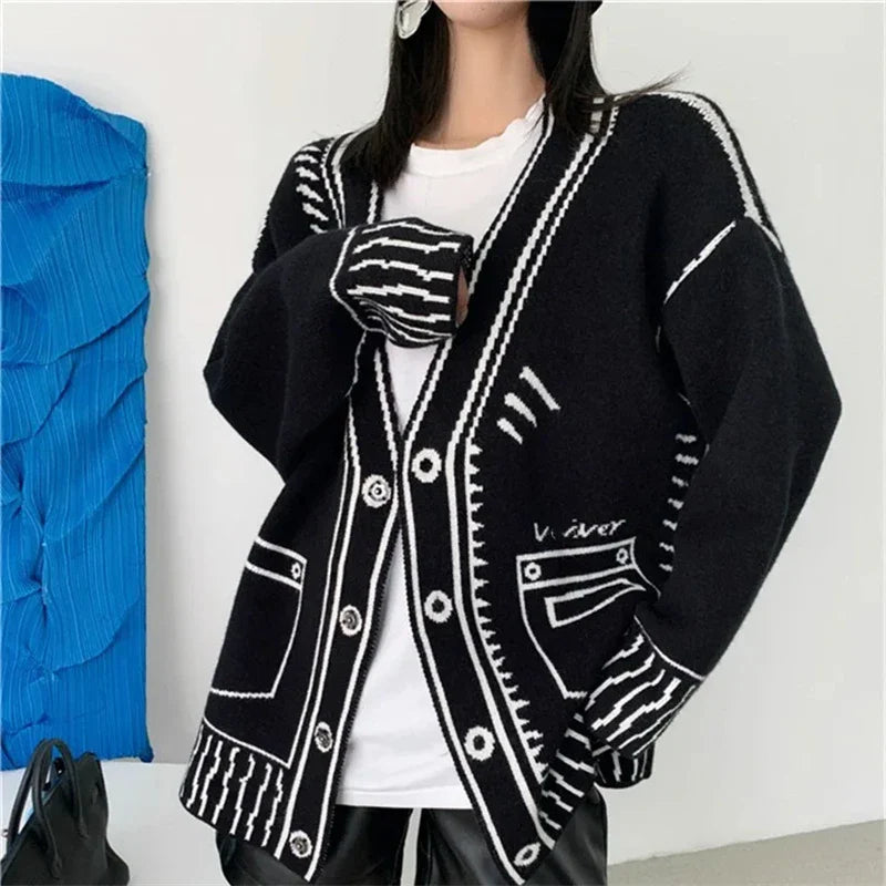 Women’s Fashionable Graffiti Print Cardigan – Long Sleeve Stylish Casual Sweater
