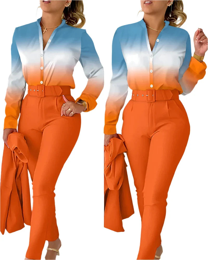 Women's Elegant 2-Piece Set – Printed Long Sleeve Shirt & High-Waist Pants, Casual Spring/Autumn Fashion