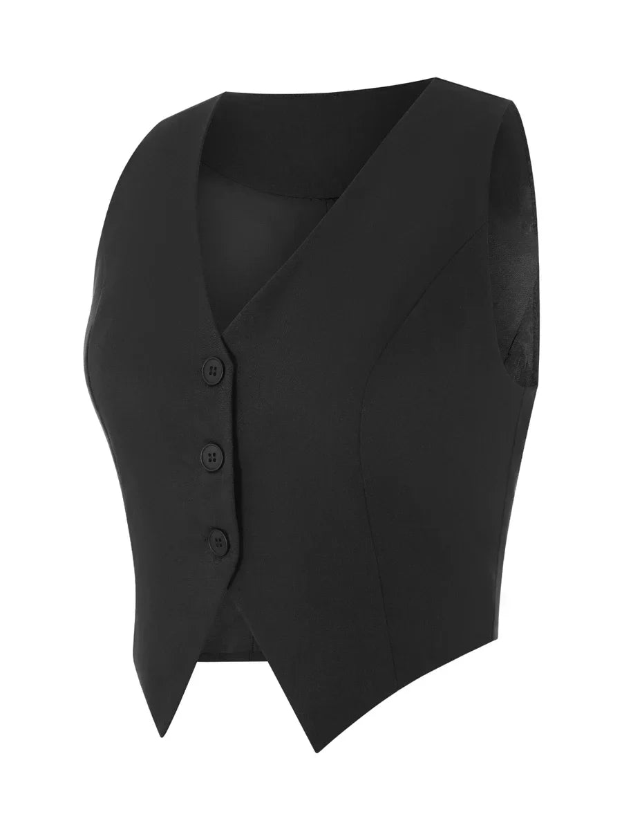 Women's Fashion Black Sleeveless Vests Casual V Neck Button Waistcoat Formal Business Tuxedo Shirt Slim Fit Cropped Blazer Vests