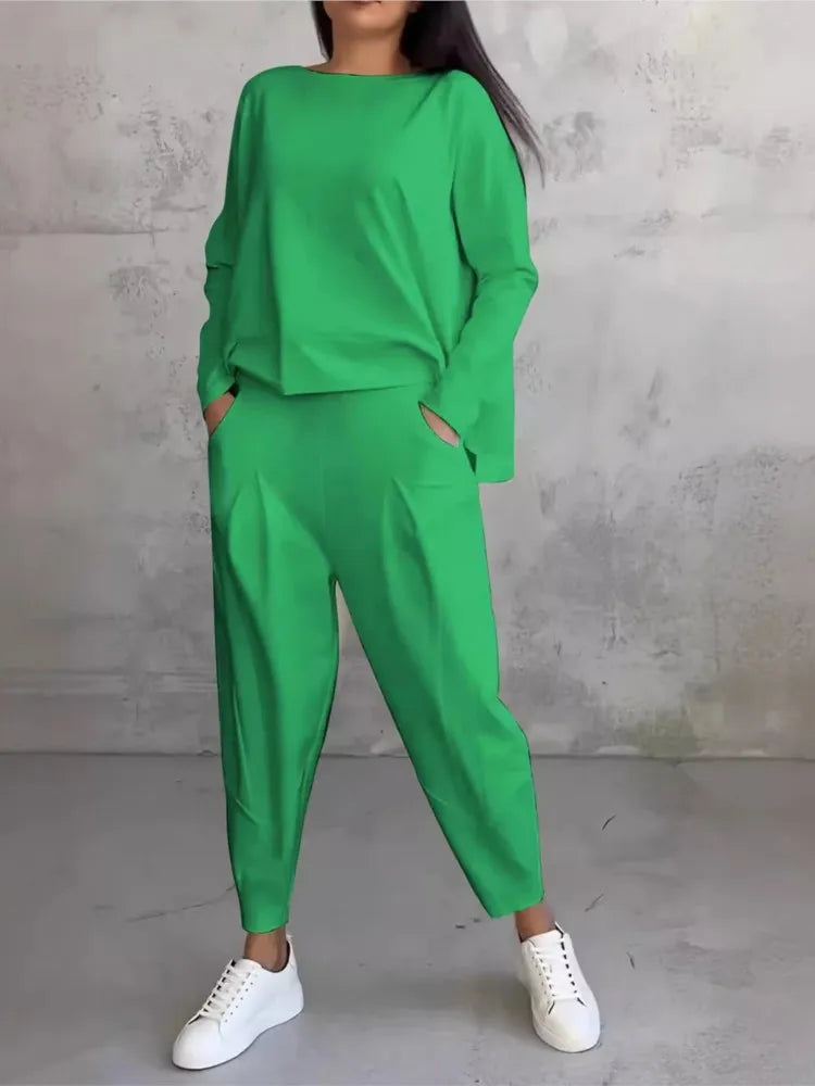 Spring Autumn Solid Women's Sports Set New Fashion Long Sleeve Irregular Loose Top Harem Pants Two Piece Set For Women Outfits