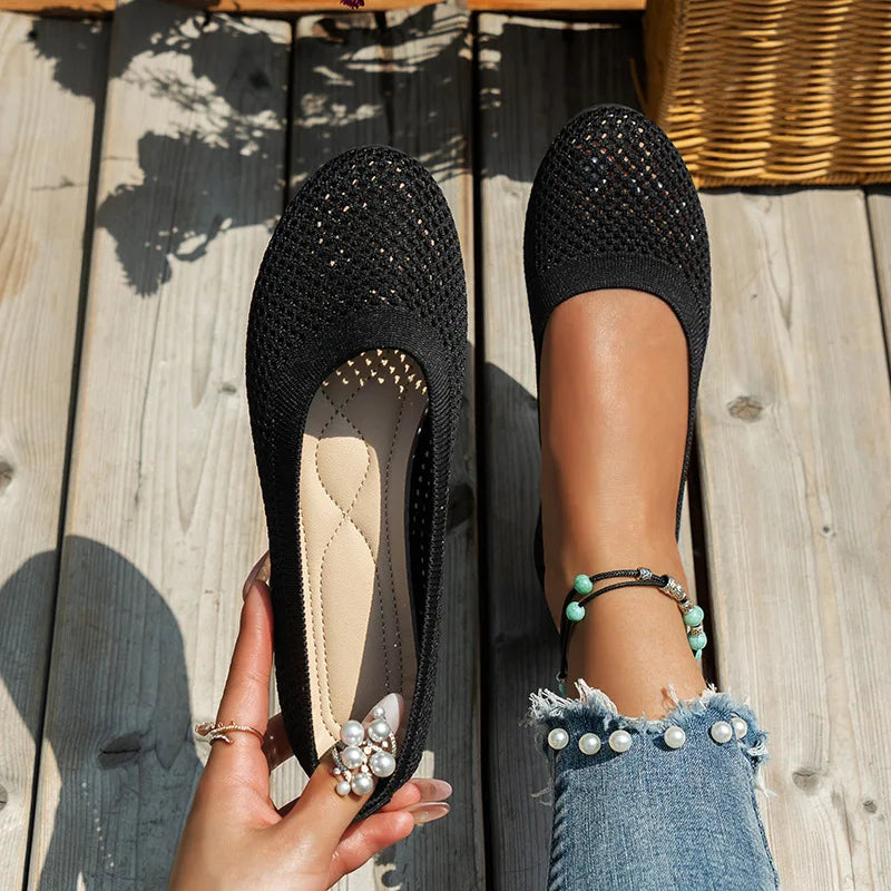 Women's Round Toe Flat Shoes, Solid Color, Knitted Slip-on Shoes