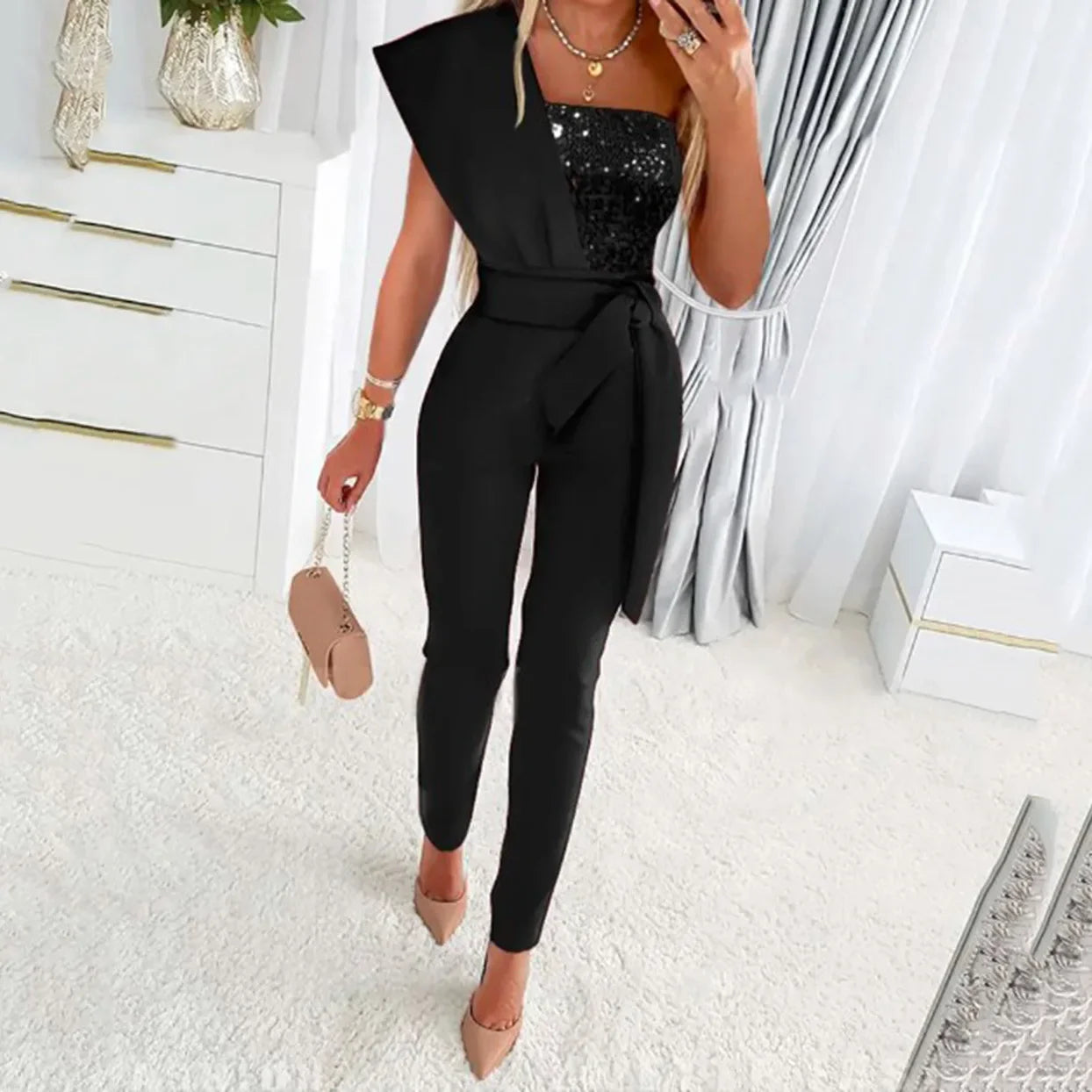 Women’s Jumpsuit Wedding Guest Elegant Sequins One Shoulder Bodycon
