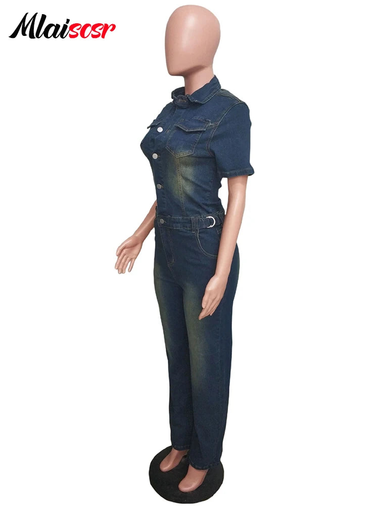 Mlaiscsr Stretch Denim One Piece Jumpsuits with Belt Women Clothes Winter Long Sleeve Lapel Washed Jean Romper Birthday Overalls