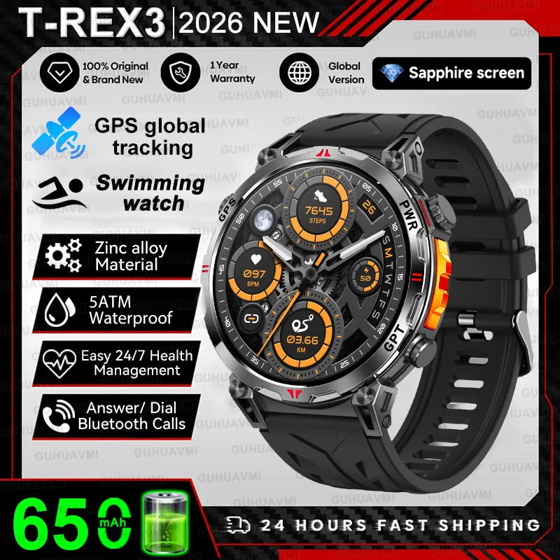 2026 New Military T-Rex 3 Ultra GPS Compass Smart Watch For Outdoor Sports 5ATM Waterproof Heart Rate 650mAh Battery Smart Watch