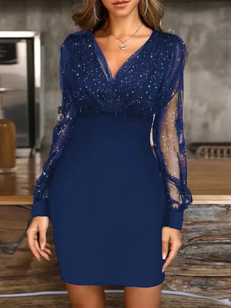 Sexy V-Neck See Through Long Sleeve Dress Women Spring Autumn Party Mini Dresses