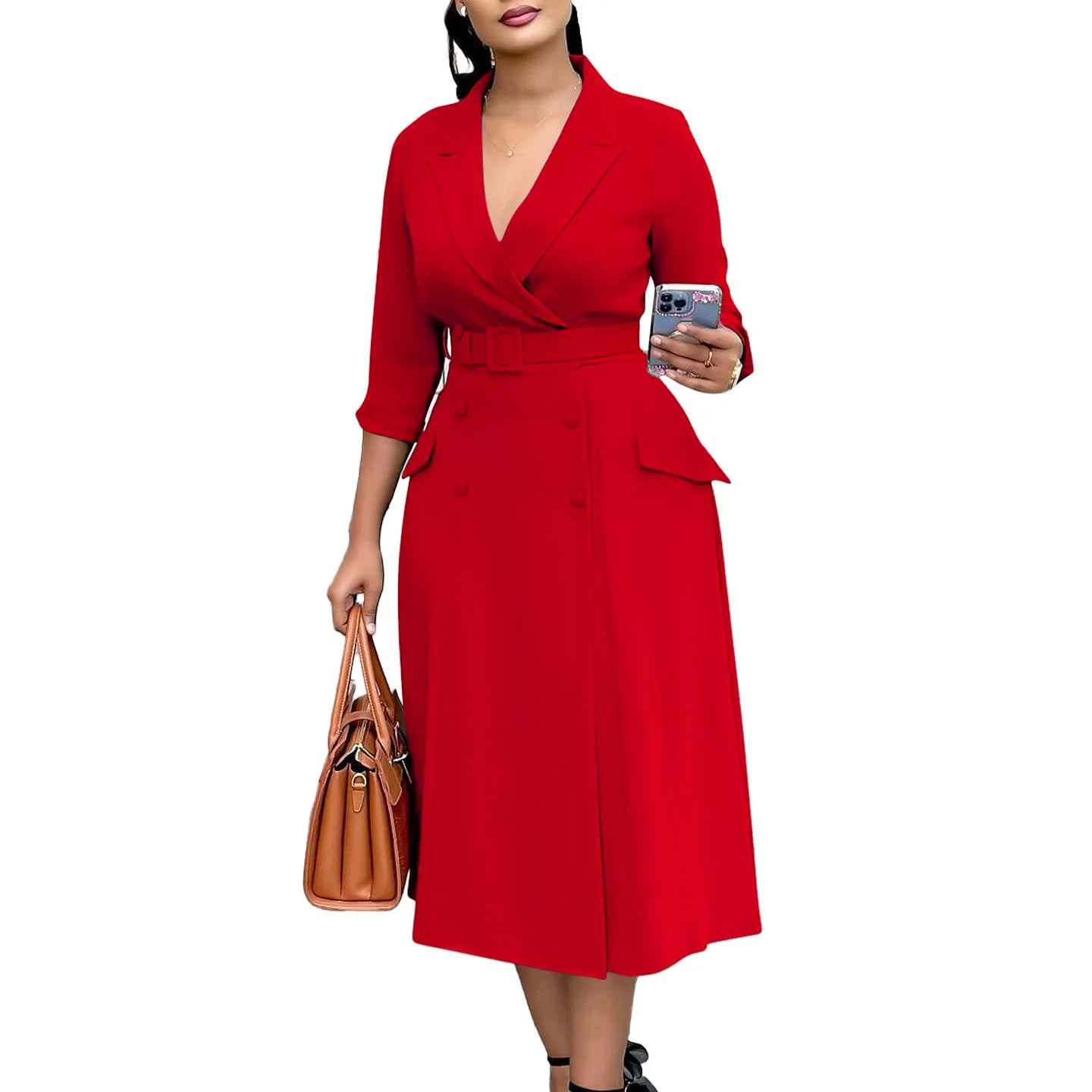 Women Notched Neck Elegant Full Sleeve Midi Dress Work Belt Streetwear Africa Party Club Dresses
