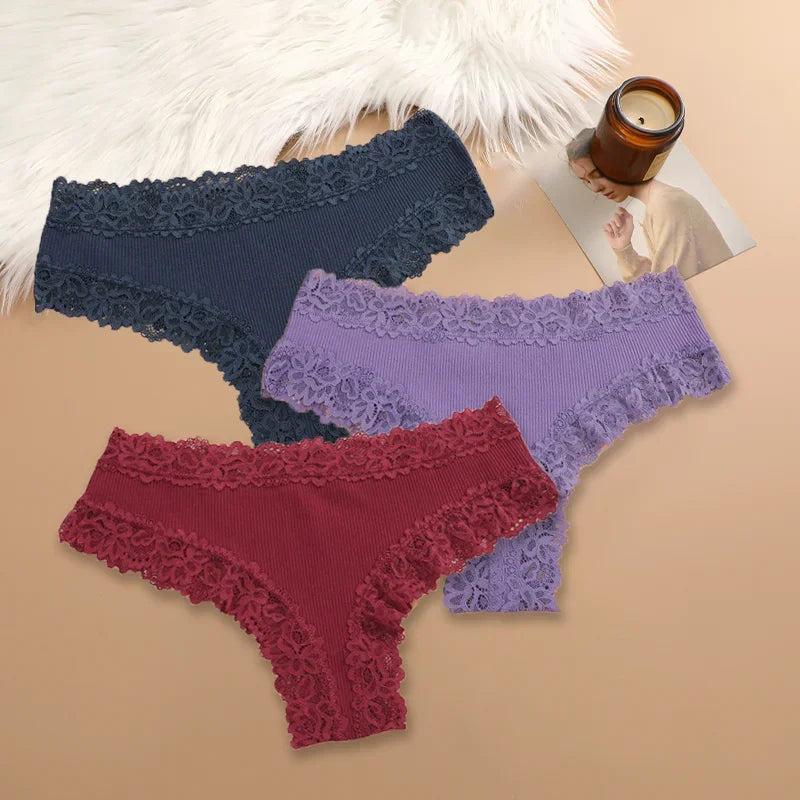 3PCS Women Cotton Lace Panties – Floral Patchwork Soft Briefs, Trendy Intimate Underwear Lingerie S-XL
