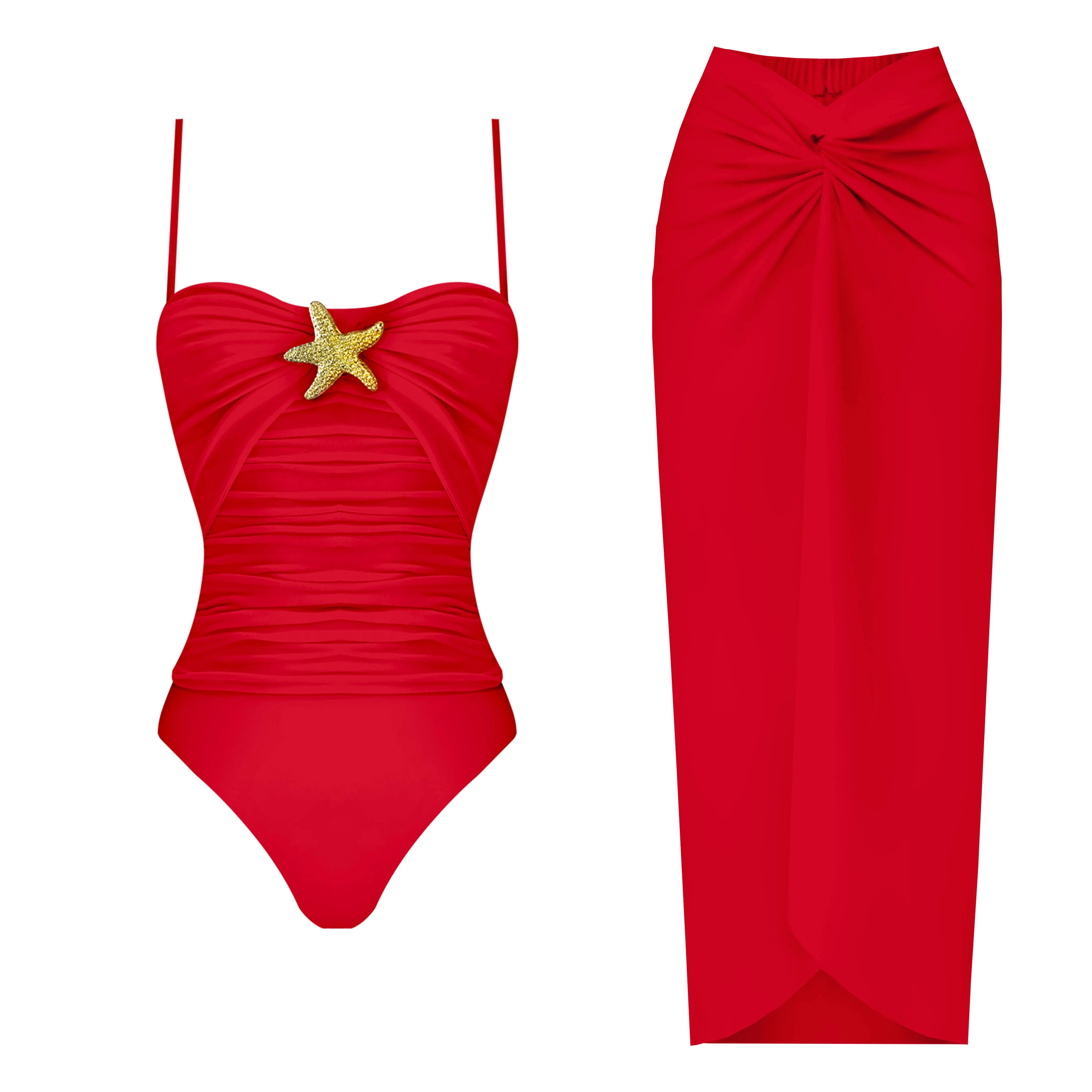 One Piece Solid Green Fitted Swimsuit With Skirt Cover Up