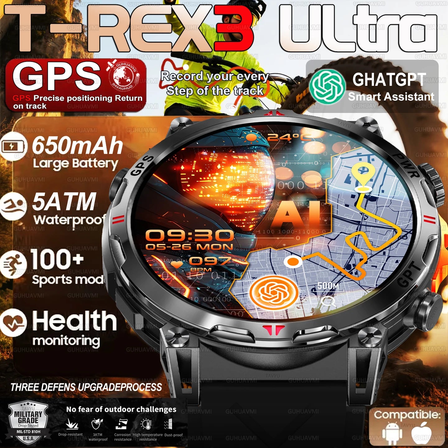 2026 New Military T-Rex 3 Ultra GPS Compass Smart Watch For Outdoor Sports 5ATM Waterproof Heart Rate 650mAh Battery Smart Watch
