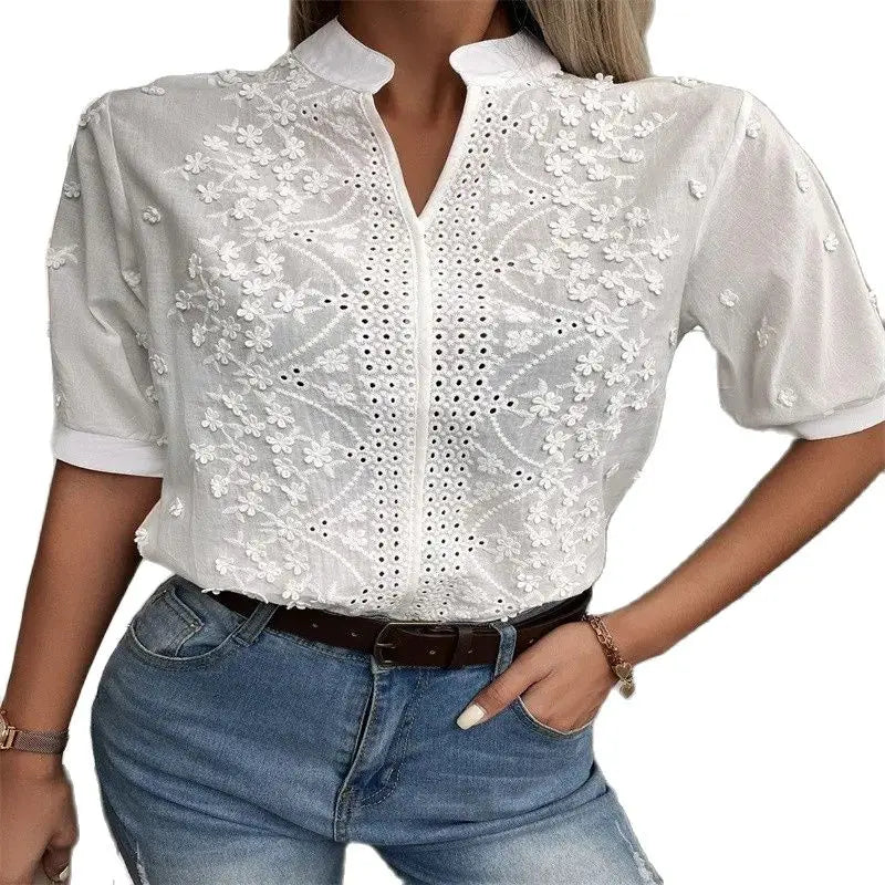 Women's Fashion V-neck Stand Collar Embroidery Lace Blouse Shirt