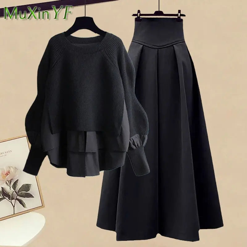 Elegant Splice Pullover Set/Two Piece Knitted Sweater Dress/Matching Chic Pullover Skirt Set.