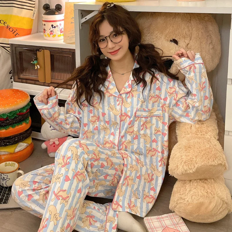 Spring and Autumn New Ladies Korean Pajamas Homewear Set Girls Students Long-Sleeved Pajamas Senior Sense of Homewear Set