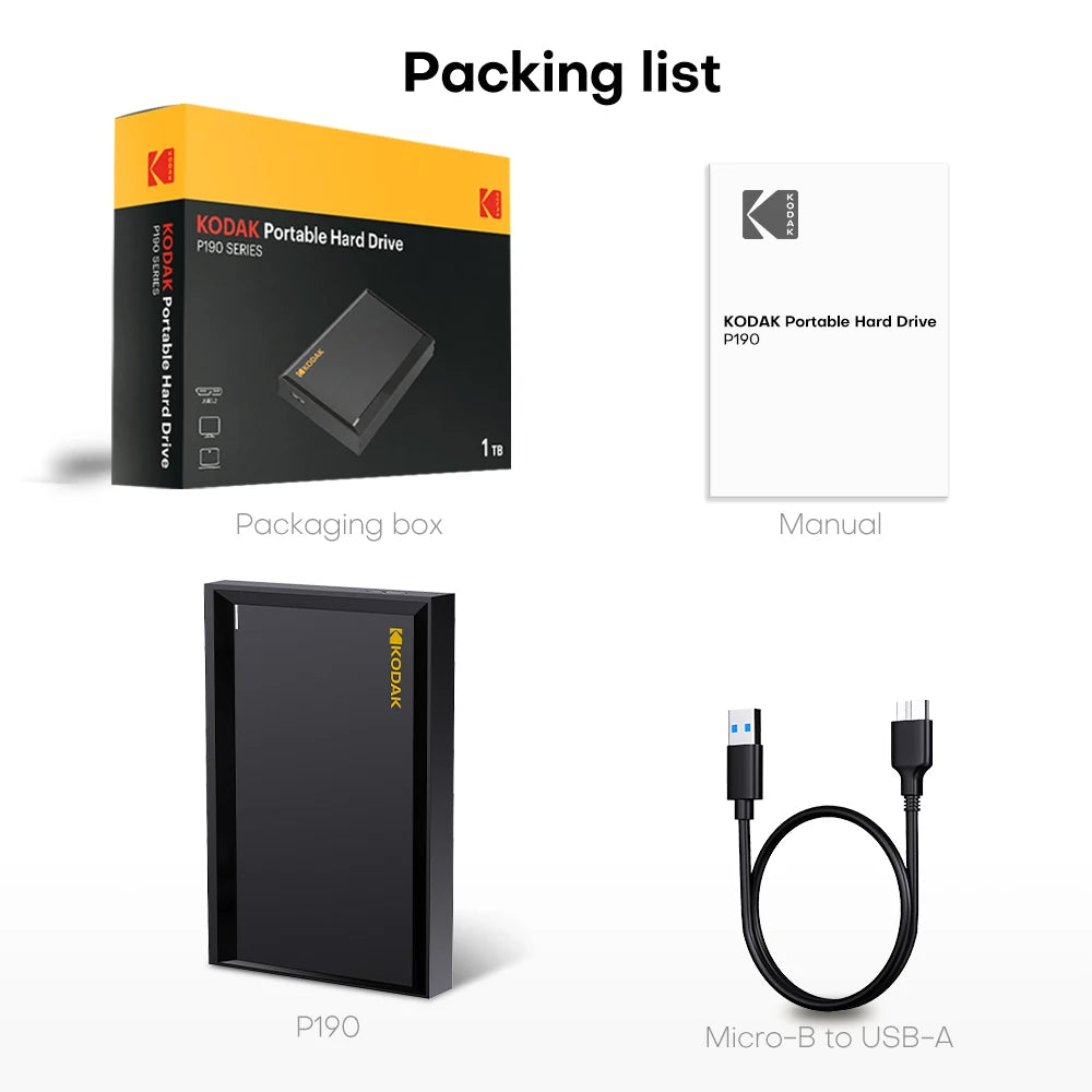 KODAK, P190, Portable HDD mechanical mobile disk, 500GB/1Tb/2Tb, portable gaming hard drive storage, suitable for PC, electronic