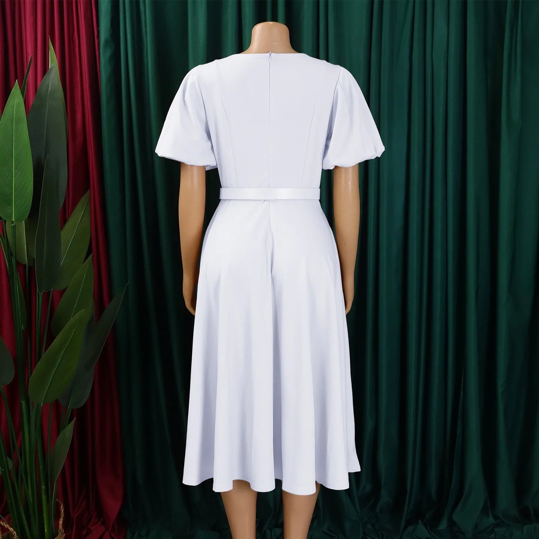 Elegant African Dresses For Women O Neck Short Sleeve Belt Waisted Pleated Mid Calf Fashion Female Birthday Party Dinner Dress