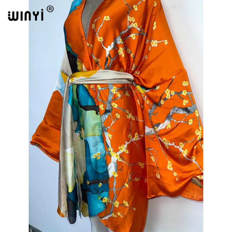 WINYI Summer Beach Wear Swim Suit Cover kaftan sweet lady boho Cardigan stitch Self Belted sexy Holiday long Sleeve Kimono