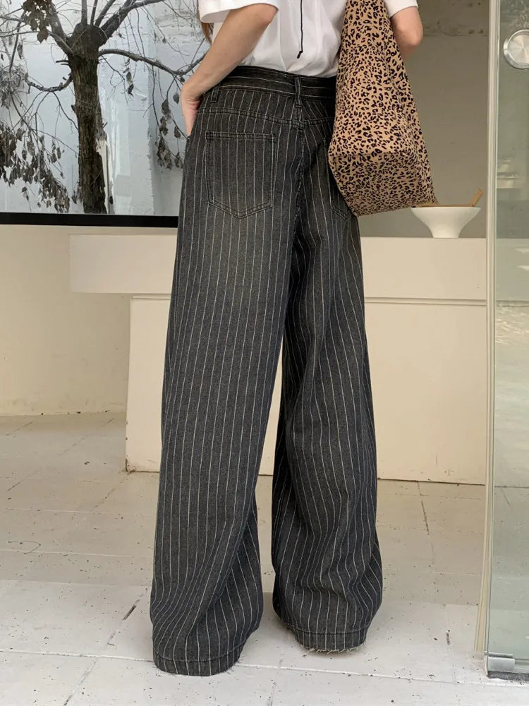 KG Ropa Y2K Fashion Vintage Striped Wide Leg Baggy Jeans Pants For Women Clothes Straight Washed Black Casual Lady Trousers