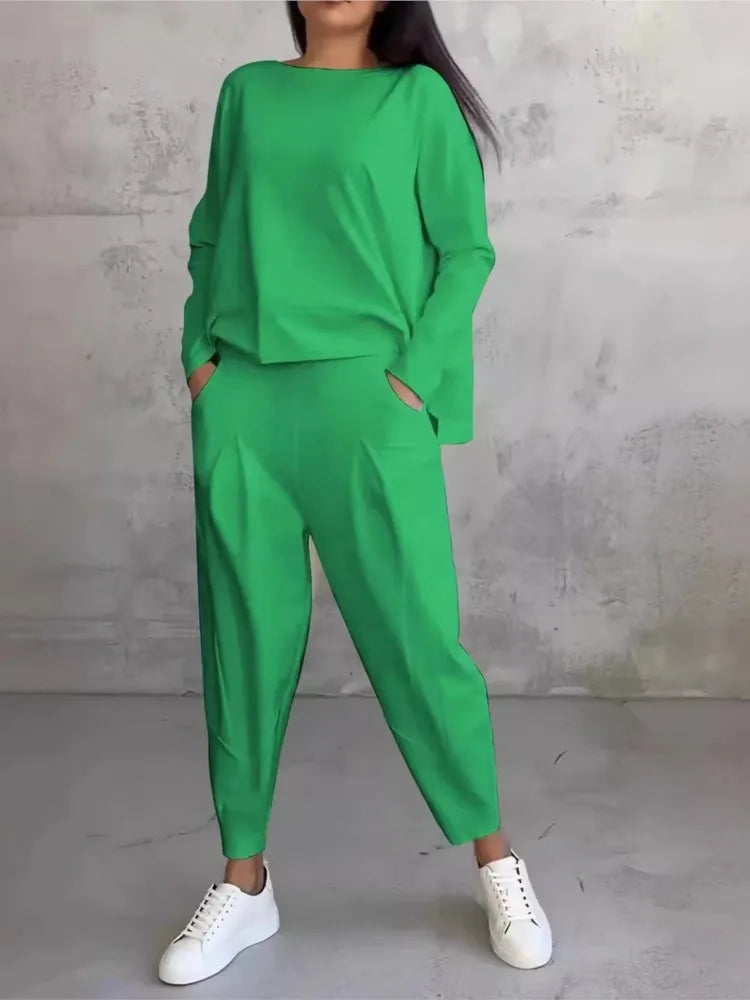 Spring Autumn Solid Women's Sports Set New Fashion Long Sleeve Irregular Loose Top Harem Pants Two Piece Set For Women Outfits