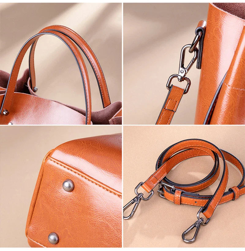 Vintage Cow Leather Shoulder Tote – Women’s Ruched Handbag