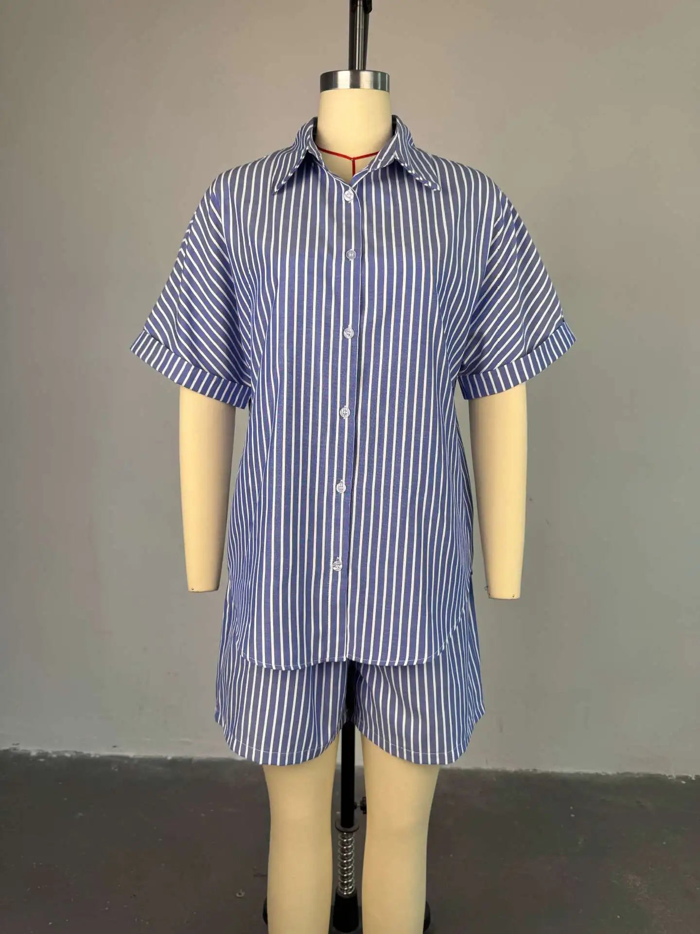 Fashion Striped Women's Set  Half Sleeve Turn-down T-shirt and Shorts Chic Two Piece Sets Outfit Tracksuit