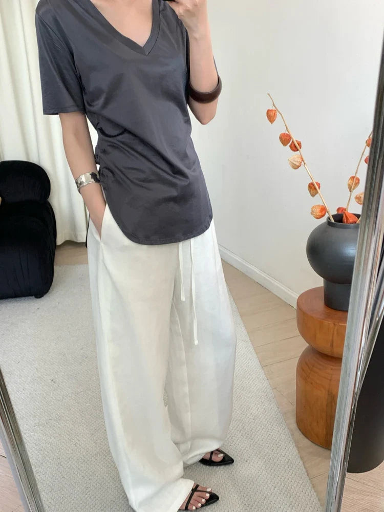 Slack Linen Wide-leg Pants Summer Loose Versatile Drawstring Straight White Casual Trousers Korean Fashion