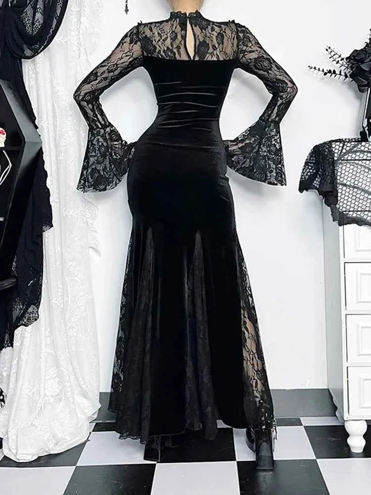 AltGoth Gothic Midi Dress - Elegant Lace Patchwork & Sheer Flare Sleeves, High-Waisted Clubwear for a Stunning Look