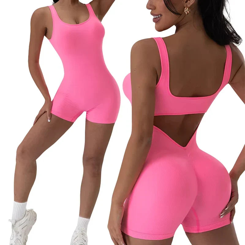 1PCS Backless Yoga Suit U Neck Sleeveless Sports Jumpsuit Solid Colour Threaded Stretch Women Bodysuit Without Bust Pads