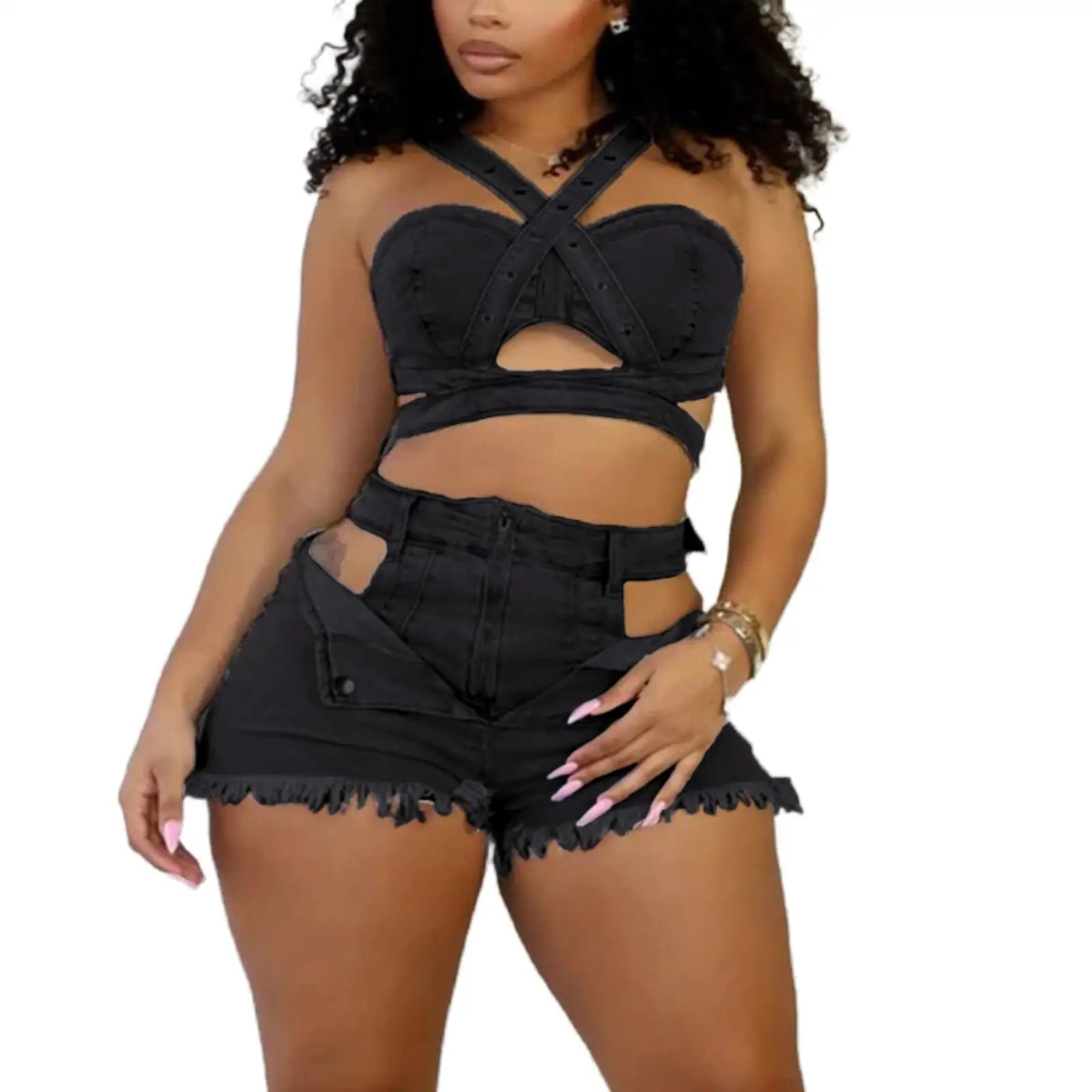 Sexy Holiday Denim Women's Set Halter Neck Crop Tops and Ripped Out Shorts Jeans 2025 Summer Two 2 Piece Sets Outfit