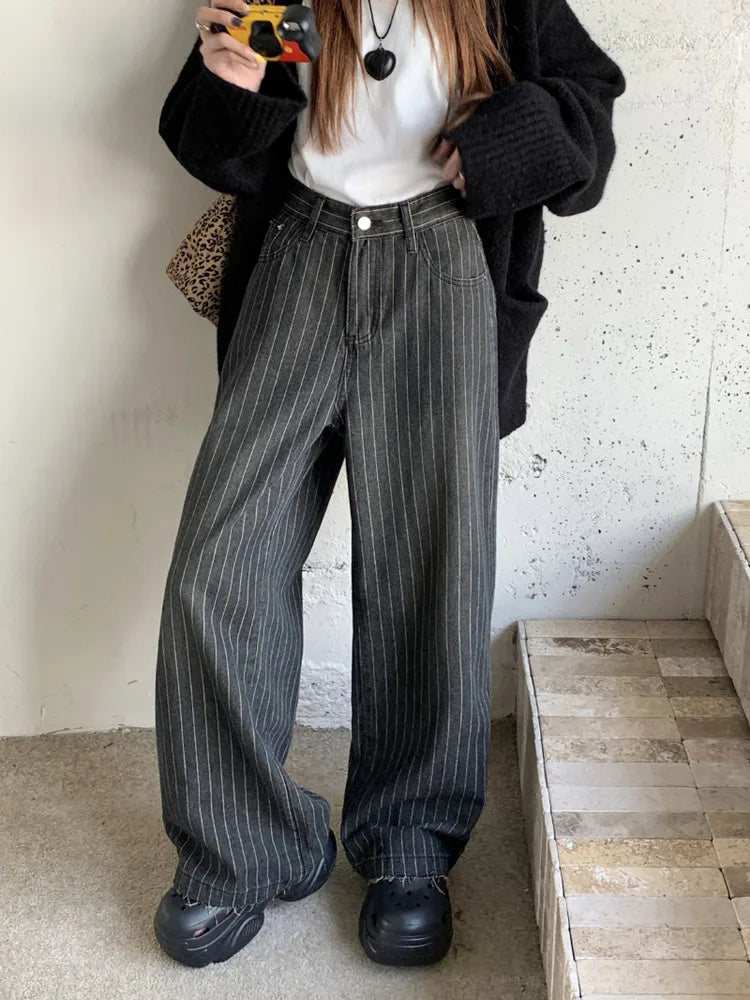 KG Ropa Y2K Fashion Vintage Striped Wide Leg Baggy Jeans Pants For Women Clothes Straight Washed Black Casual Lady Trousers
