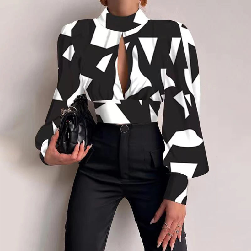 Spring Women Sexy Backless Hollow Print Shirts Tops  Casual Stand Long Sleeve Office Lady Blouses Fashion Party Crop Top