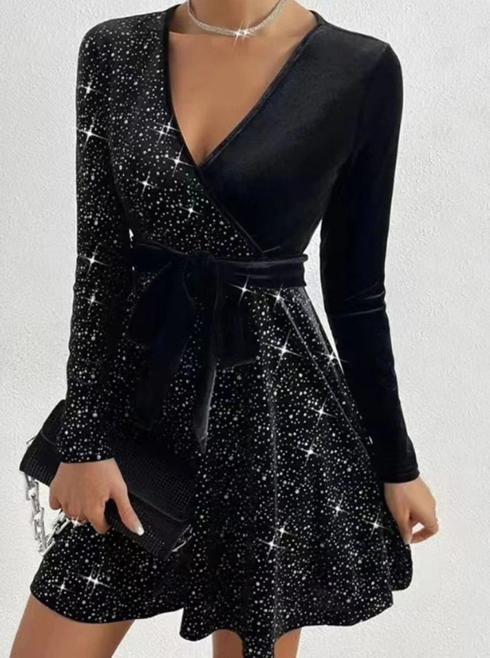 Women's V-neck Sexy Long Sleeved Sequined Solid Color Dress High Street Fashion Elegant Party Evening Dresses