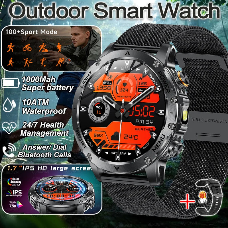 2025 New Military Smart Watch 1000Mah Battery Fitness Tracking 10ATM Waterproof Tactics Sport Flashlight call Bracelet For Men
