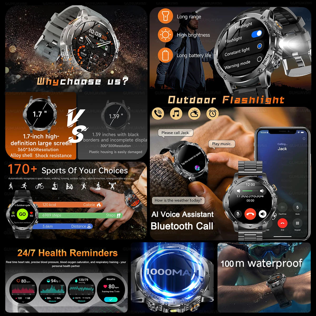 2025 New Military Smart Watch 1000Mah Battery Fitness Tracking 10ATM Waterproof Tactics Sport Flashlight call Bracelet For Men