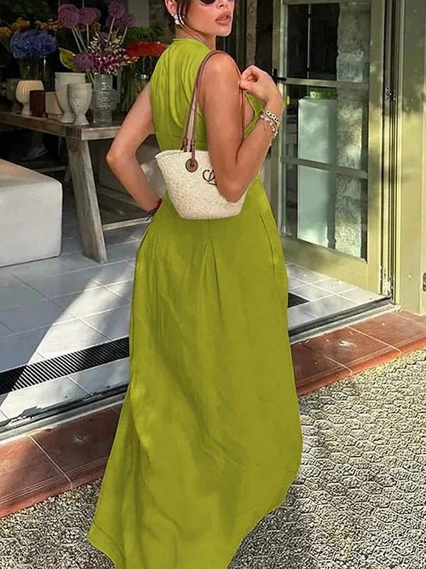 UOOZEE Office Lady Commute Pleated A-line Dress 2025 New Summer Fashion Solid Color Sleeveless Zipper Evening Maxi Dresses