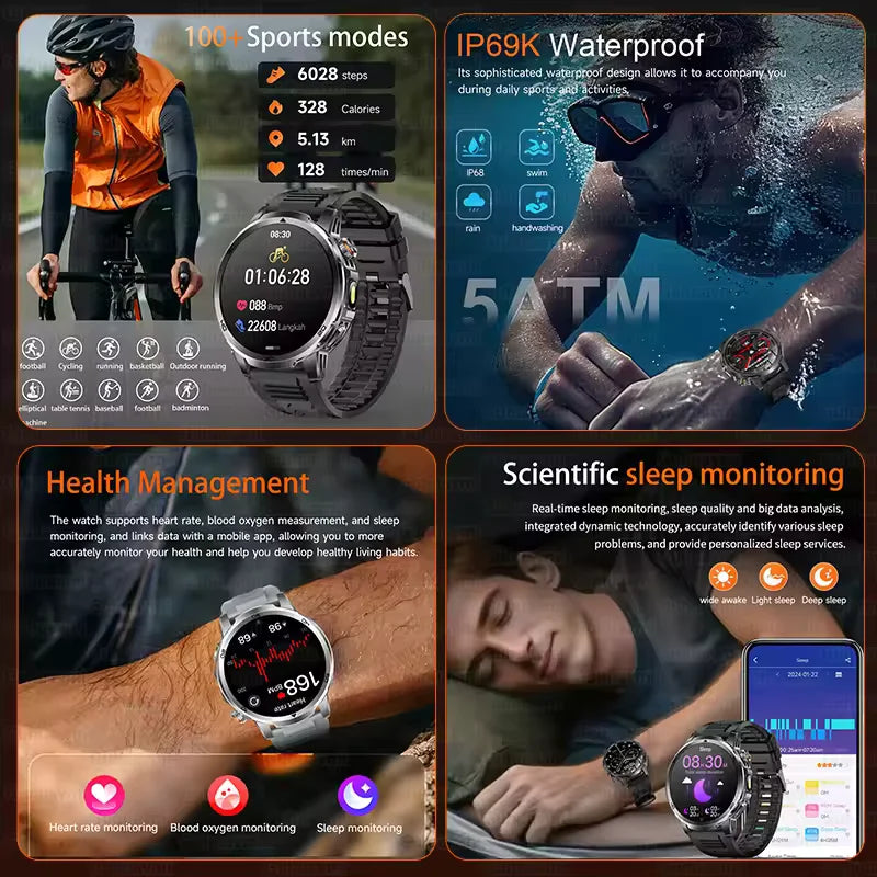 New Outdoor 1000mAh Large Battery Smart Watches Man Military 5ATM Waterproof Heart Rate Bluetooth Call Sports Smartwatch 2026