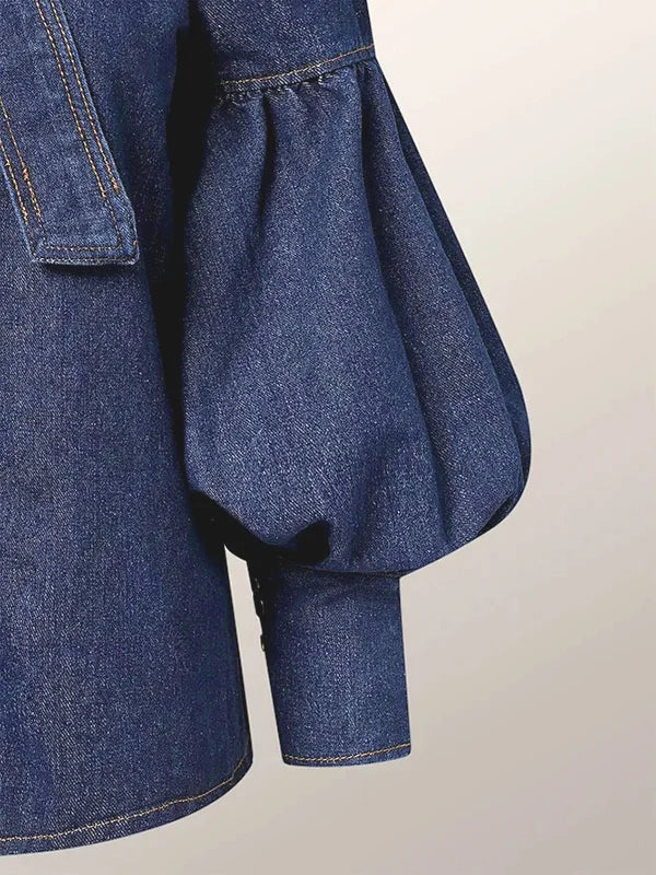 Vireous Women's Princess Sleeves High-Neck Bow Tie Denim-Look Blouse