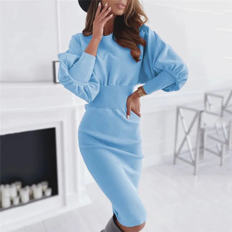 Women Elegant Office Lantern Sleeve Party Dresses Ladies O Neck Bodycon Dress Autumn Winter Solid  Midi Dress 2024 Vestidos