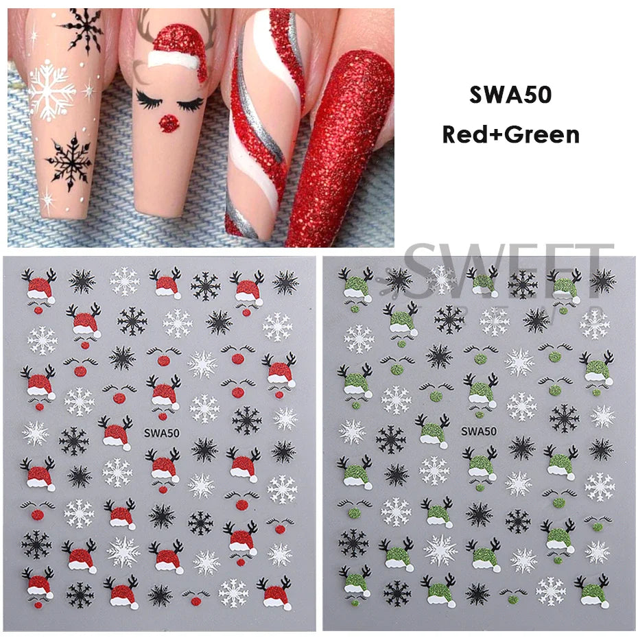 2pcs Gold Silver Christmas 3D Nail Stickers Reflective Glitter Xmas Tree Gingerbread Snowflakes Adhesive Decals Winter Manicure