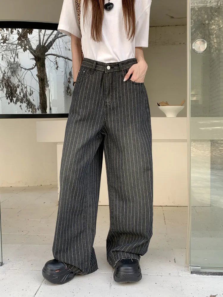 KG Ropa Y2K Fashion Vintage Striped Wide Leg Baggy Jeans Pants For Women Clothes Straight Washed Black Casual Lady Trousers