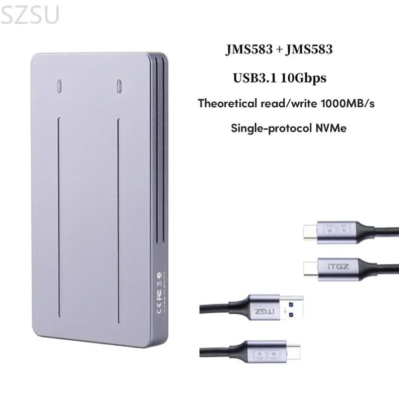 SZSU Two Mobile Hard Drive Case USB3.1 10Gb for Two Disks 2230-2280 SSD Box