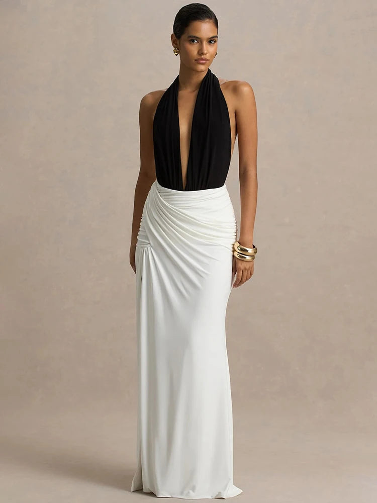 Selviane Halter Neck Black and White Maxi Dress – Deep Plunge Backless Evening Gown for Occasionwear, Partywear & Wedding Guests
