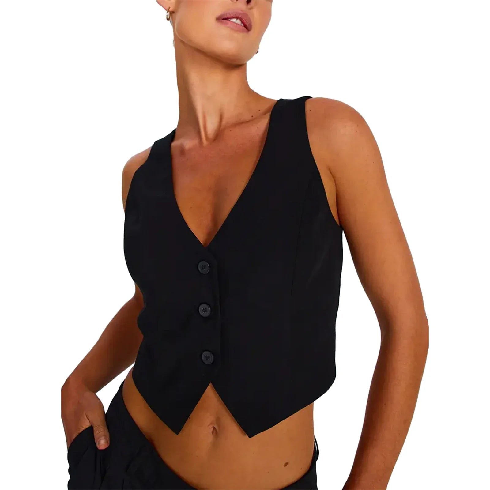 Women's Fashion Black Sleeveless Vests Casual V Neck Button Waistcoat Formal Business Tuxedo Shirt Slim Fit Cropped Blazer Vests