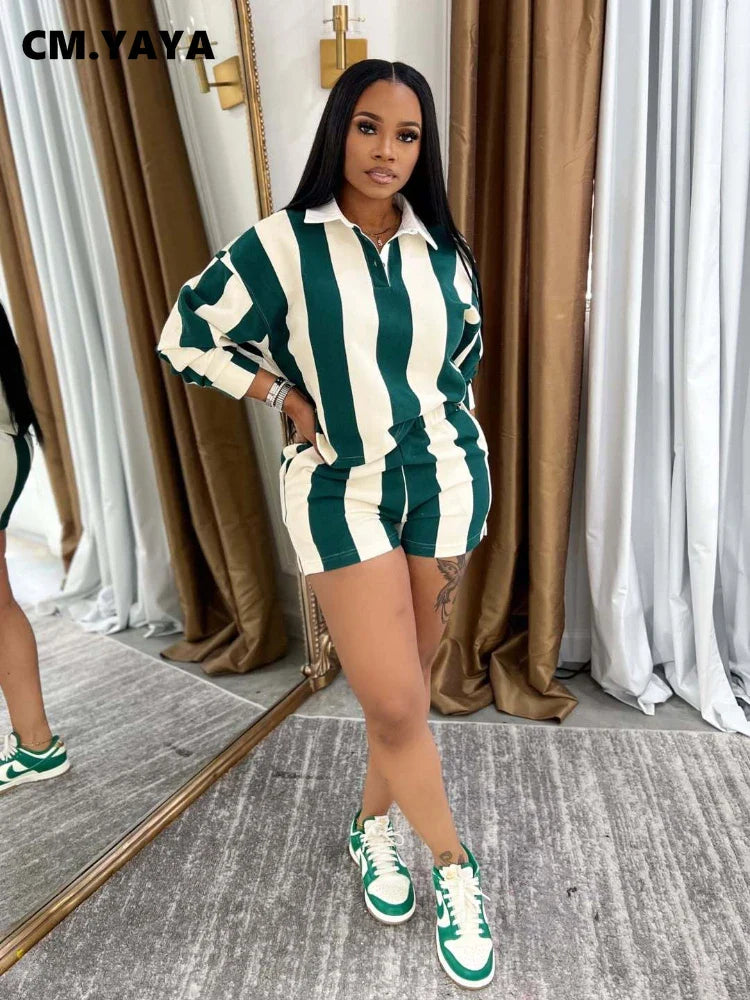 Striped Women's Set Pleated full Sleeve Turn-down Collar Polo-t-shirt and Shorts Two 2 Piece Sets Outfit Tracksuits
