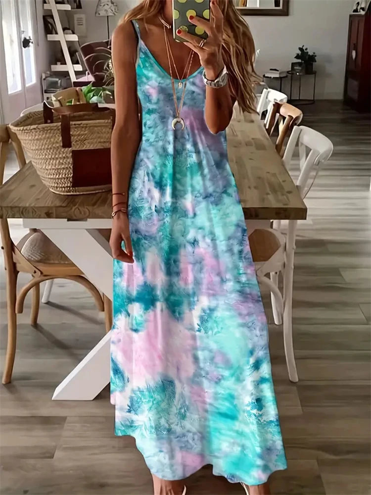 Abstract Print Maxi Dress, Casual Sleeveless Spaghetti Strap Dress, Women's Clothing