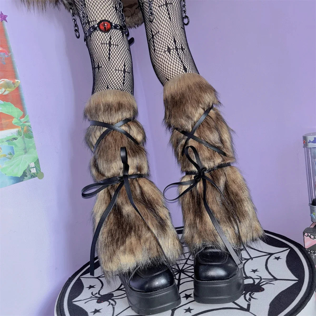 Y2k Vintage Faux Fur Leg Warmers Hot Girl Harajuku Winter Warm Furry Boots Cover Socks Jk Punk Hiphop Cosplay Accessories